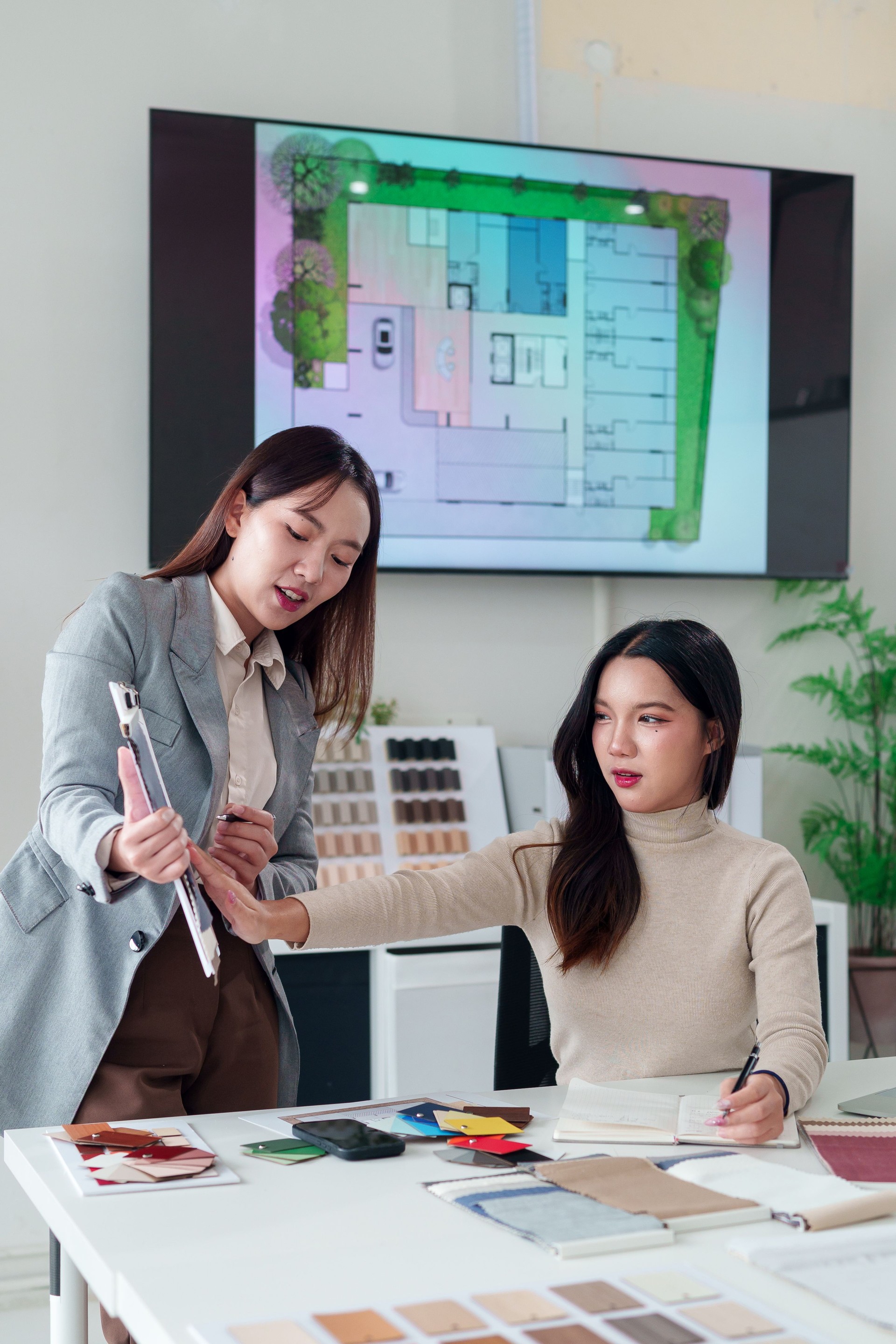 Asian Interior Designers Collaboration on Blueprint & Material Selection for Home Renovation Project | Design Meeting with Teamwork